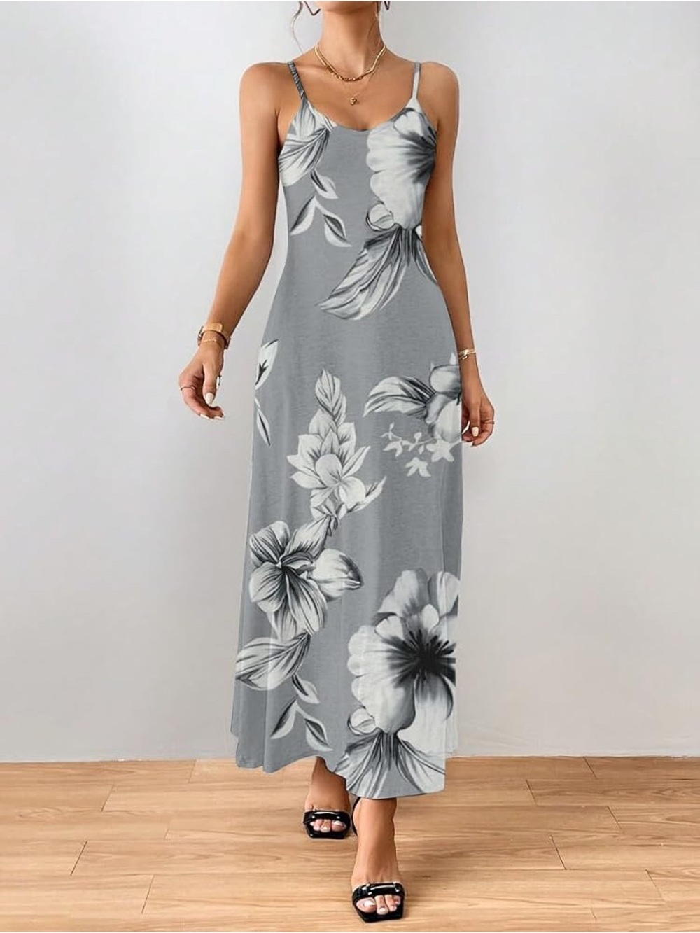 NWOT Gray Floral Stretchy Spaghetti Strap A line Maxi Dress